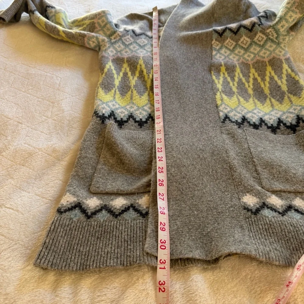LOFT Gray and Yellow Fair Isle Patterned Shawl Style Open Front Cardigan Size M